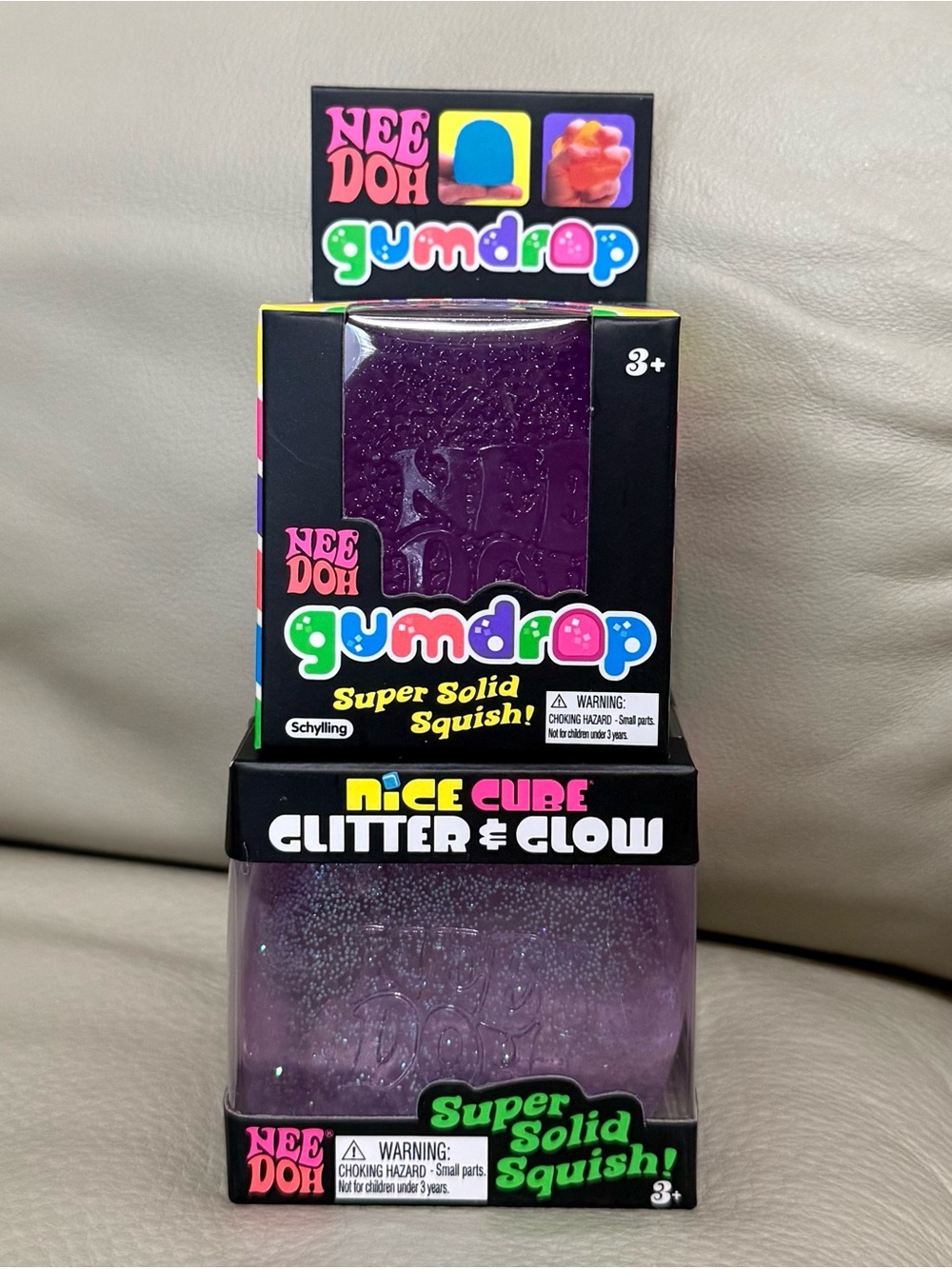 NEW Needoh Glitter & Glow Nice Cube & Purple Gumdrop Super Solid Squishy